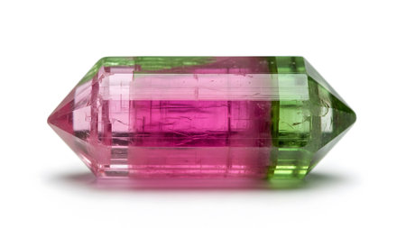 showing elongated watermelon tourmaline crystal with pink and green hues on white.の写真素材