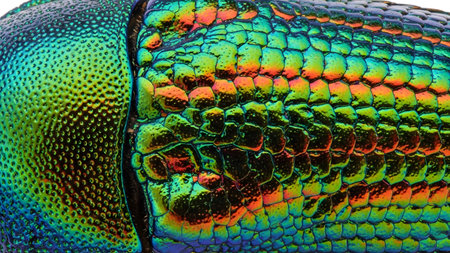 Exoskeleton showing macro view of iridescent metallic green and blue insect exoskeleton with...
