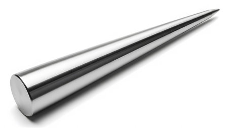 Silver showing long silver cone shaped metal with flat base and sharp point on white.