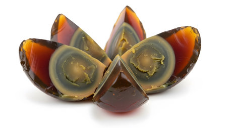 Background showing five slices arranged in a flower pattern on white background....の写真素材