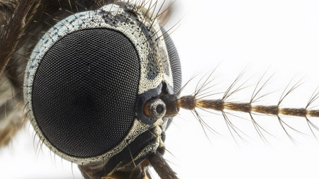 (625).png showing extreme macro extreme close up of a mosquito head with compound eyes and...