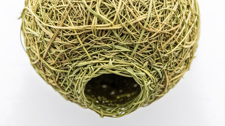 An intricately woven round bird nest made of dry grass with a small entrance hole, isolated on a...の写真素材