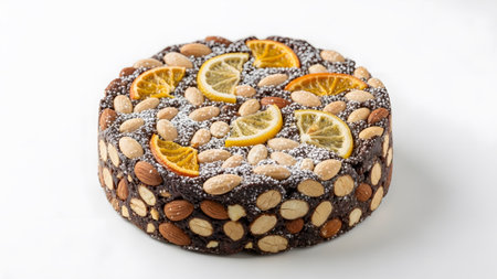 showing decadent dark fruitcake decorated with whole almonds and slices of orange and...