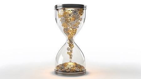 showing hourglass filled with golden and silver gears flowing from to bottom on a white...