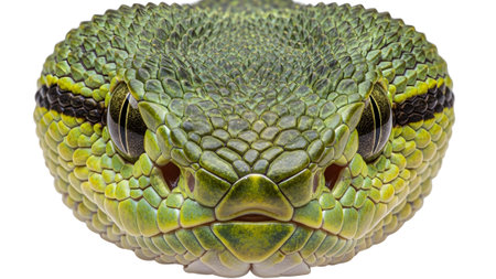 With showing intense close-up portrait of a green viper snake head with detailed scales.