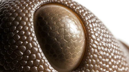 Extreme macro view of a textured brown reptile eye showing intricate hexagonal scales and a...