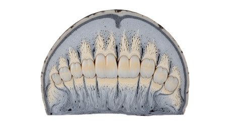 A detailed cross-section of a jawbone reveals rows of teeth embedded within the bone structure...の写真素材