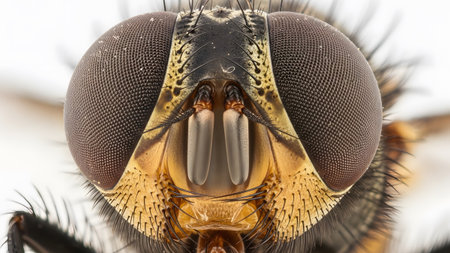 Extreme macro close up of a fly's large compound eyes and mouthparts....