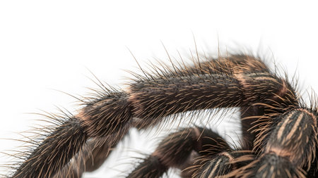 Brown showing extreme close up of a tarantula spider leg covered in fine brown hairs and...