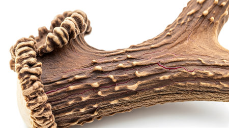 Deer showing detailed macro of a deer antler with textured bark-like surface and red veins.の写真素材