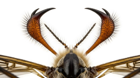 Extreme macro view of an insect's head showing feathery antennae, sharp mandibles, and detailed...