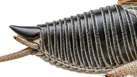 Sharp showing extreme close-up of a black insect abdomen with segmented body and sharp pointed...