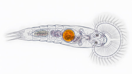 An elongated microscopic rotifer with a segmented body, visible internal organs, and a ciliated...