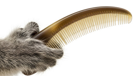 A soft grey cat paw with visible fur holds a smooth amber hair comb with fine teeth against a...