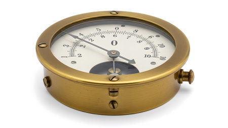 A close-up view of a brass scientific gauge with a clean white dial and a black needle,...の写真素材