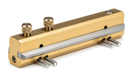Background showing brass marking gauge with adjustable knobs and steel scribing points on white...