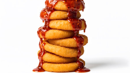 showing tall stack of fried onion rings overflowing with spicy red sauce. resolution...