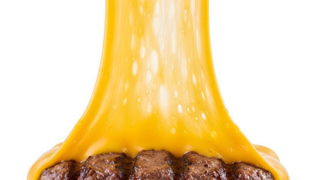 showing stretching melted yellow cheese dripping over a grilled beef patty on a white...の写真素材