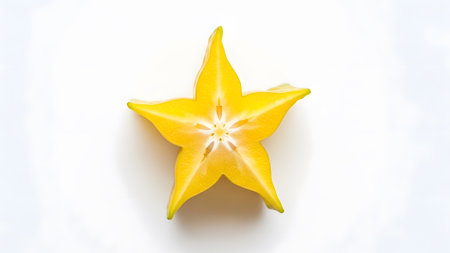 A yellow starfruit slice is viewed from above, showcasing its distinct five-pointed star shape...