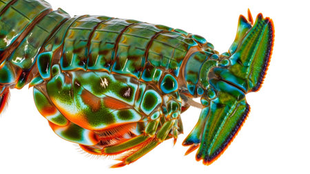 Extreme close-up of a colorful mantis shrimp's segmented body and tail, showcasing iridescent...