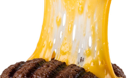 showing stretching melted yellow cheese dripping over a grilled beef patty on a white...