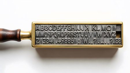 Background showing vintage metal typesetting stamp with alphabet letters and numbers on white...