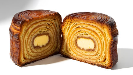 Background showing two halves of a croissant roll filled with creamy custard on white...の写真素材