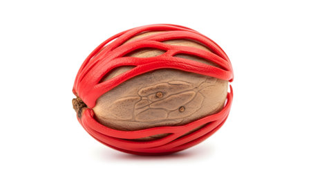 showing whole nutmeg seed with red aril spice isolated on white background studio shot....