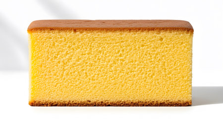 A rectangular slice of golden yellow sponge cake with a light brown crust and visible porous...