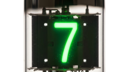 A vintage Nixie tube glows with a bright green neon digit seven, captured in close-up on white.