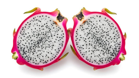 showing two halves of dragon fruit side by side on white background. resolutionの写真素材