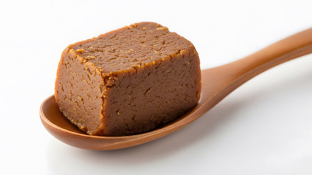 A square brown miso paste cube with a textured surface sits on a wooden spoon against a white...の写真素材