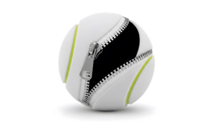 A white tennis ball with subtle green accents, its metallic zipper unzipped to reveal a black...