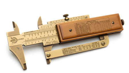Engraved showing vintage brass caliper with wood inlay and multiple engraved measurement scales...