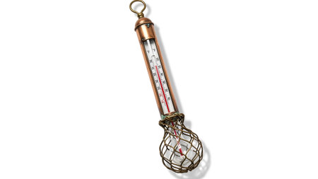showing vintage copper and glass thermometer with wire cage and hanging loop on white...の写真素材