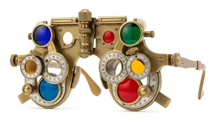 A vintage brass phoropter eye examination device with multiple colorful lenses is on white.