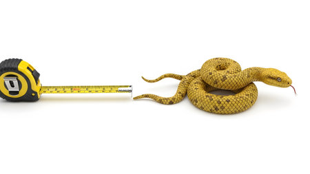 A yellow coiled snake lies on a white background next to a yellow measuring tape....