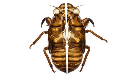 Brown showing symmetrical split of a golden brown cicada exoskeleton on white. resolution...