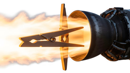 A wooden clothespin is positioned in front of a jet engine exhaust emitting bright orange flames...