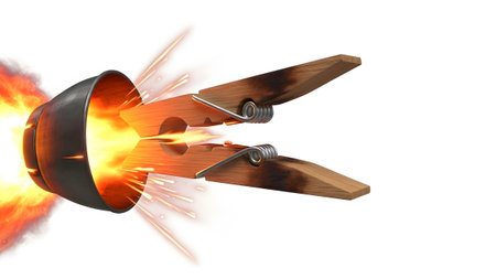 A wooden clothespin with slightly burnt tips is attached to a jet engine exhaust emitting bright...