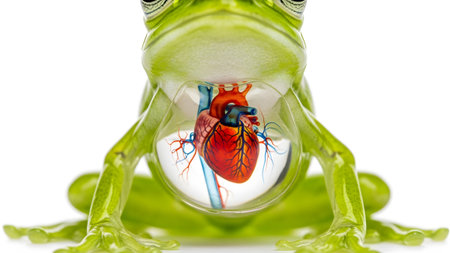 Green showing transparent glass frog showing realistic anatomical heart and vessels isolated...の写真素材
