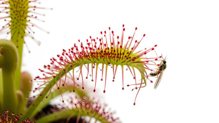 A small insect with delicate wings is positioned on the curved, sticky red tentacles of a sundew...の写真素材