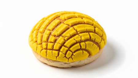 A single yellow concha sweet bread pastry sits on a white background with its distinctive shell...