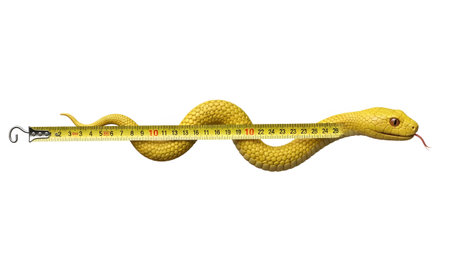 Around showing yellow snake coiled around a measuring tape showing inches and centimeters on a...