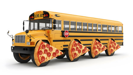 (1514) showing yellow school bus with pepperoni pizza slices as wheels on white background.