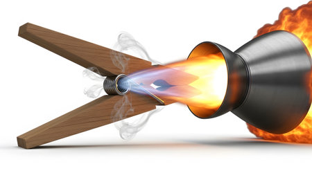 A rocket nozzle emits a blue flame and smoke, held by wooden clothespins with a metal spring, on...