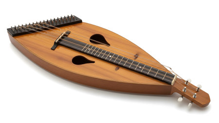 A polished wooden zither instrument with numerous strings, tuning pegs, and teardrop-shaped...