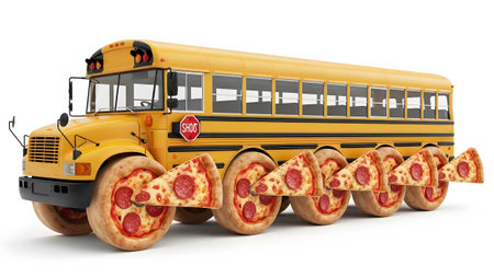 showing yellow school bus with pepperoni pizza wheels and pizza slice rear section on...
