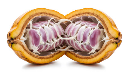 A bright yellow cacao pod is split open, displaying its inner contents of plump purple beans...