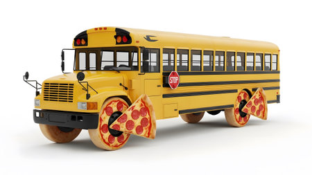 showing yellow school bus with pepperoni pizza slices as wheels on a white background....